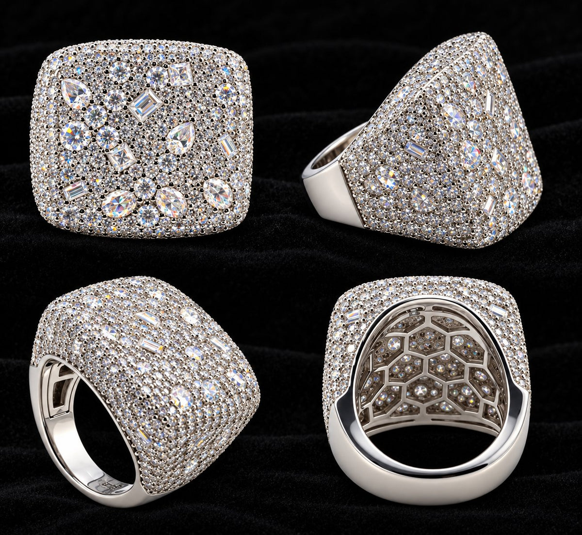 Square Cluster Moissanite Ring on a black background