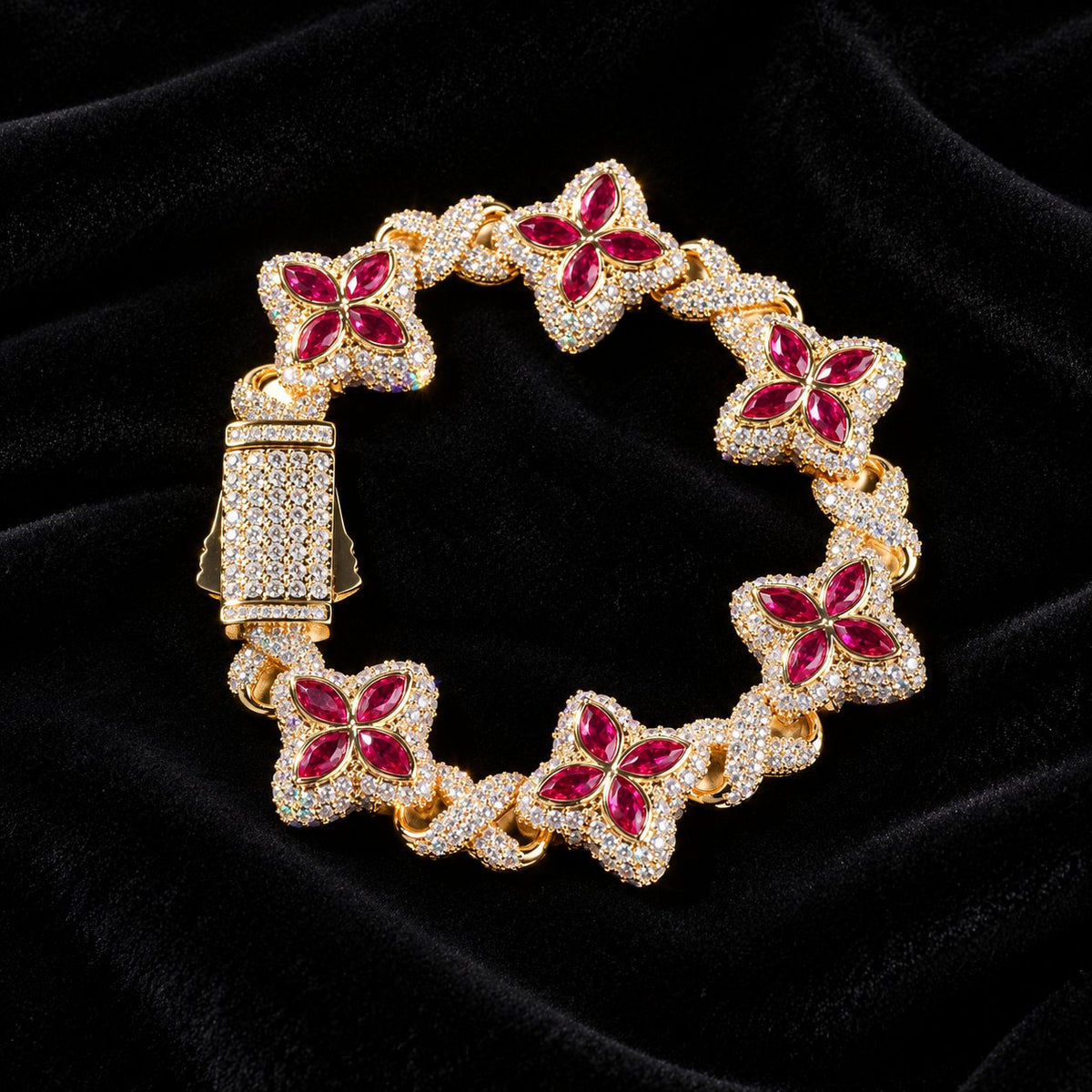 Iced Out Lucky Clover Tennis Bracelet — original finish on black velvet with moissanite fire