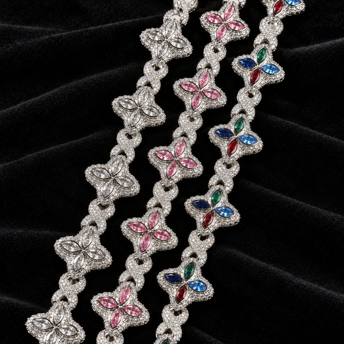Iced Out Lucky Clover Tennis Chain — original product view on black velvet