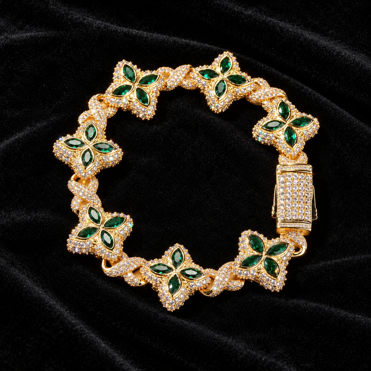 Iced Out Lucky Clover Tennis Bracelet — original finish on black velvet with moissanite fire