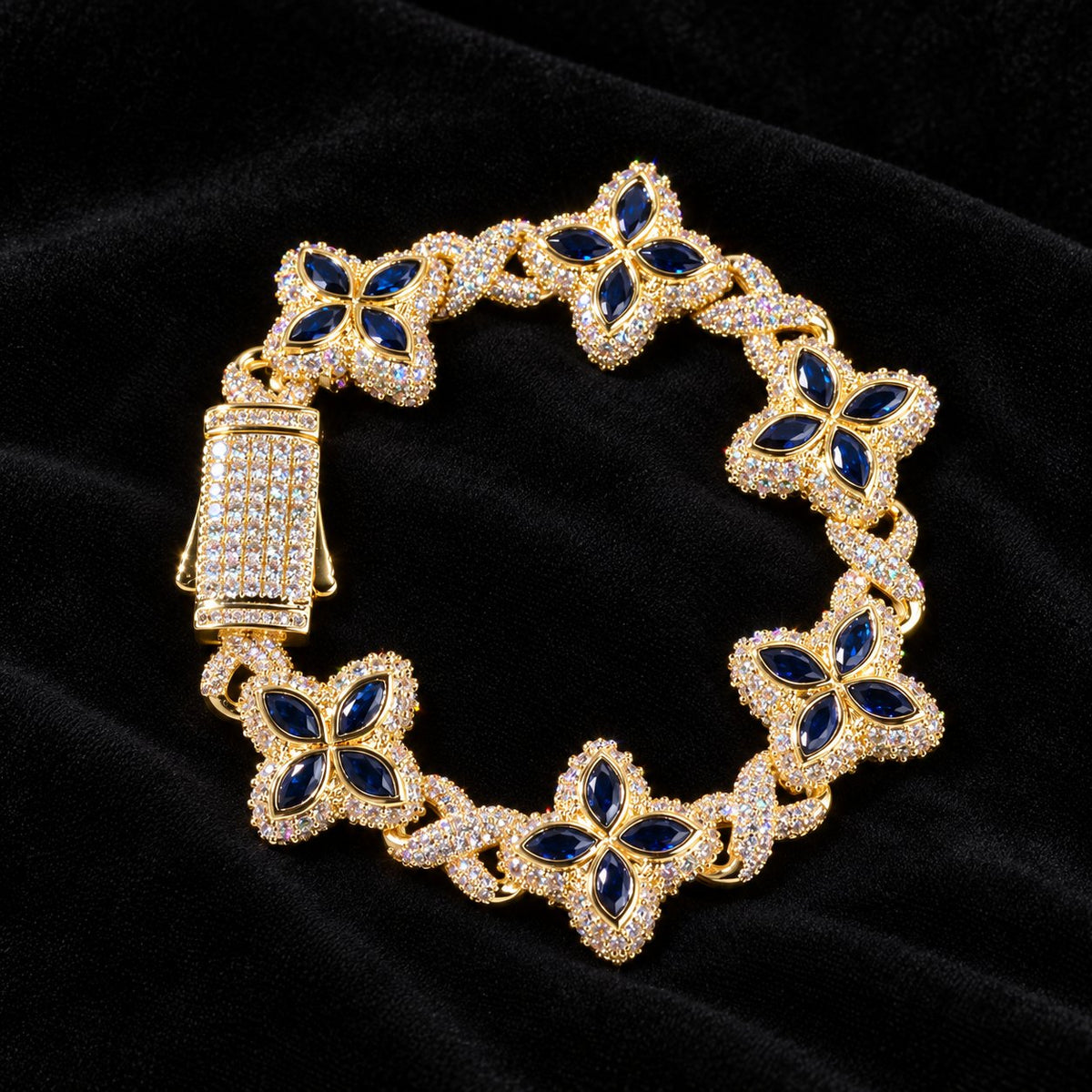 Iced Out Lucky Clover Tennis Bracelet — original finish on black velvet with moissanite fire