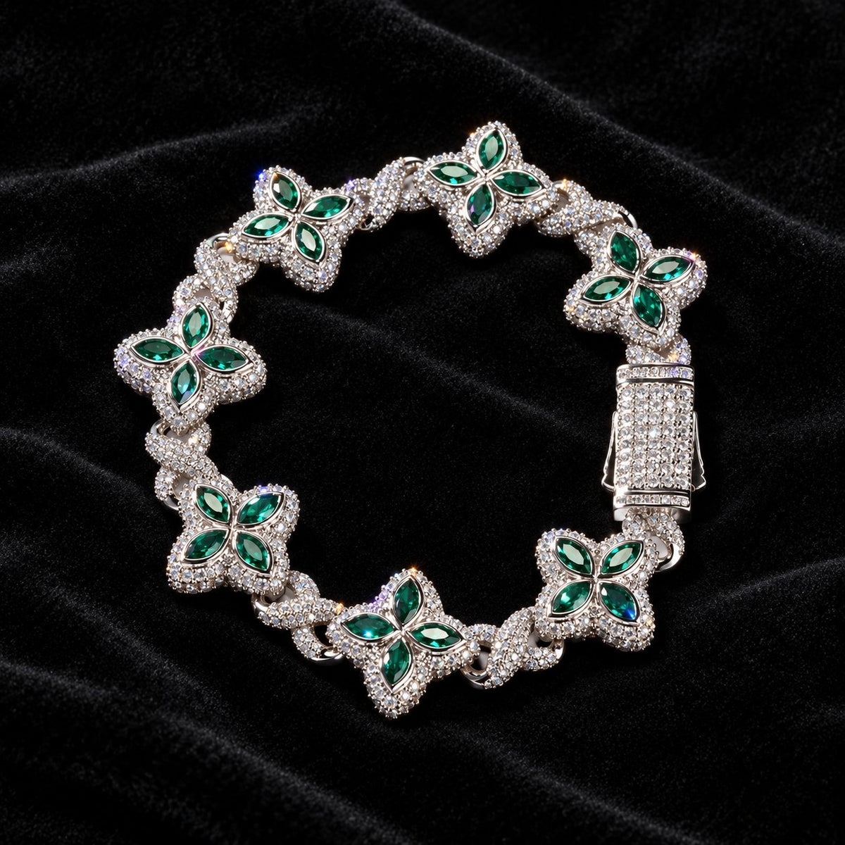 Iced Out Lucky Clover Tennis Bracelet — original finish on black velvet with moissanite fire