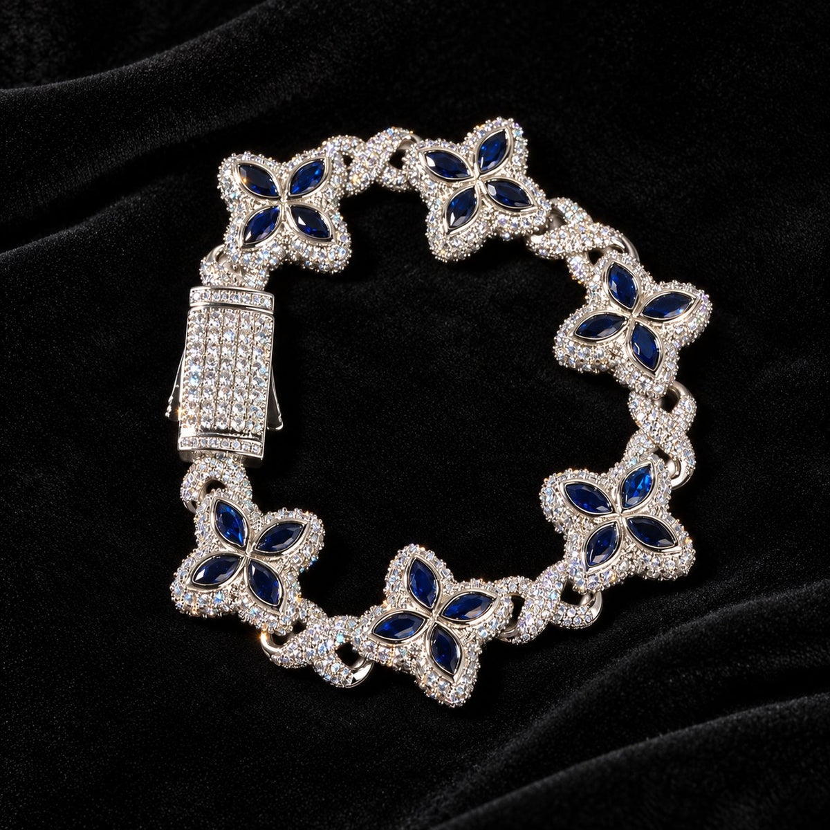 Iced Out Lucky Clover Tennis Bracelet — original finish on black velvet with moissanite fire
