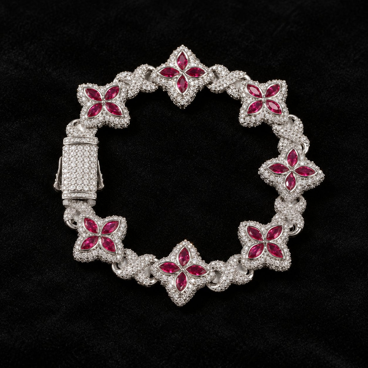 Iced Out Lucky Clover Tennis Bracelet on a black background