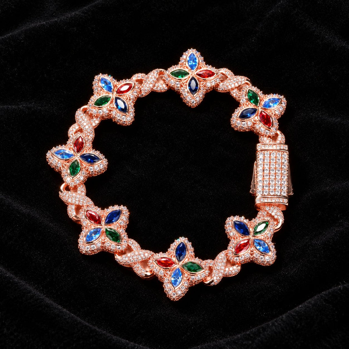 Iced Out Lucky Clover Tennis Bracelet — original finish on black velvet with moissanite fire