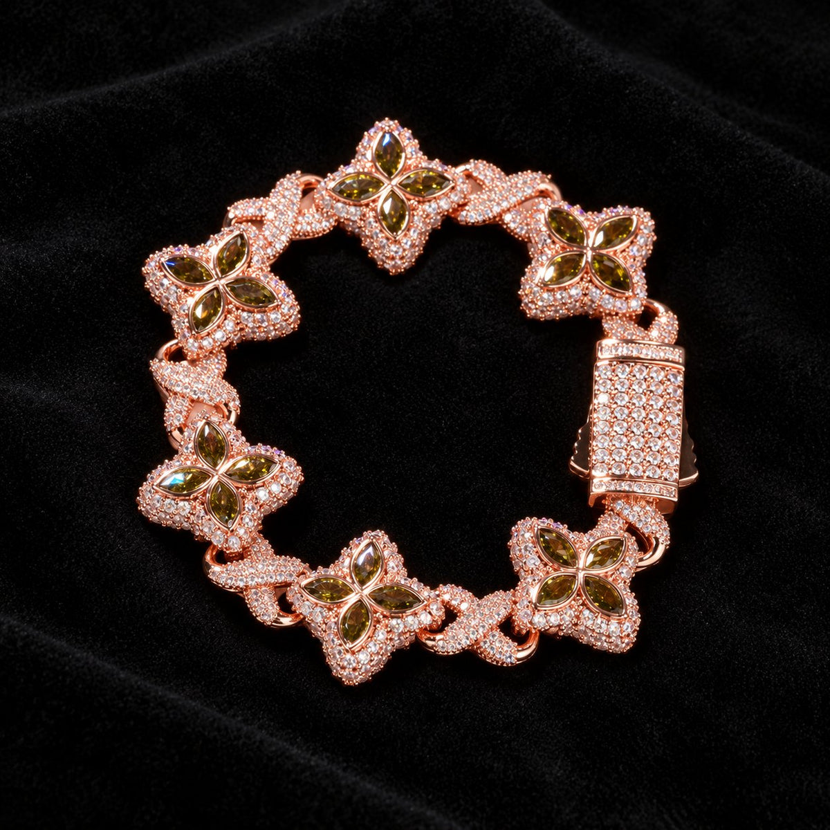 Iced Out Lucky Clover Tennis Bracelet — original finish on black velvet with moissanite fire