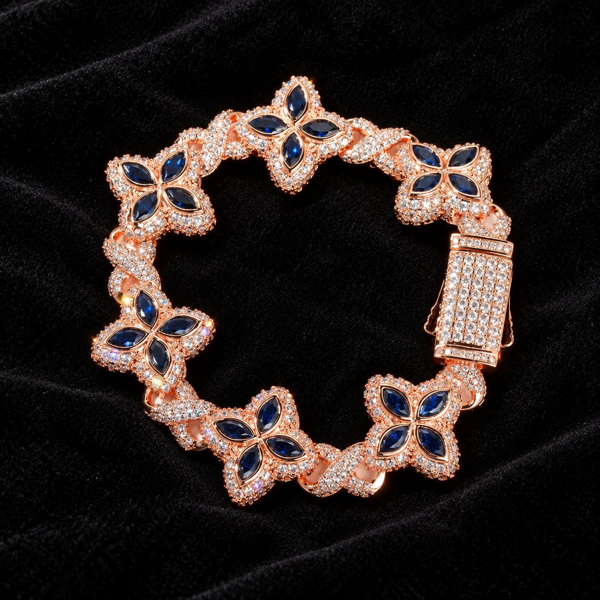 Iced Out Lucky Clover Tennis Bracelet — original finish on black velvet with moissanite fire