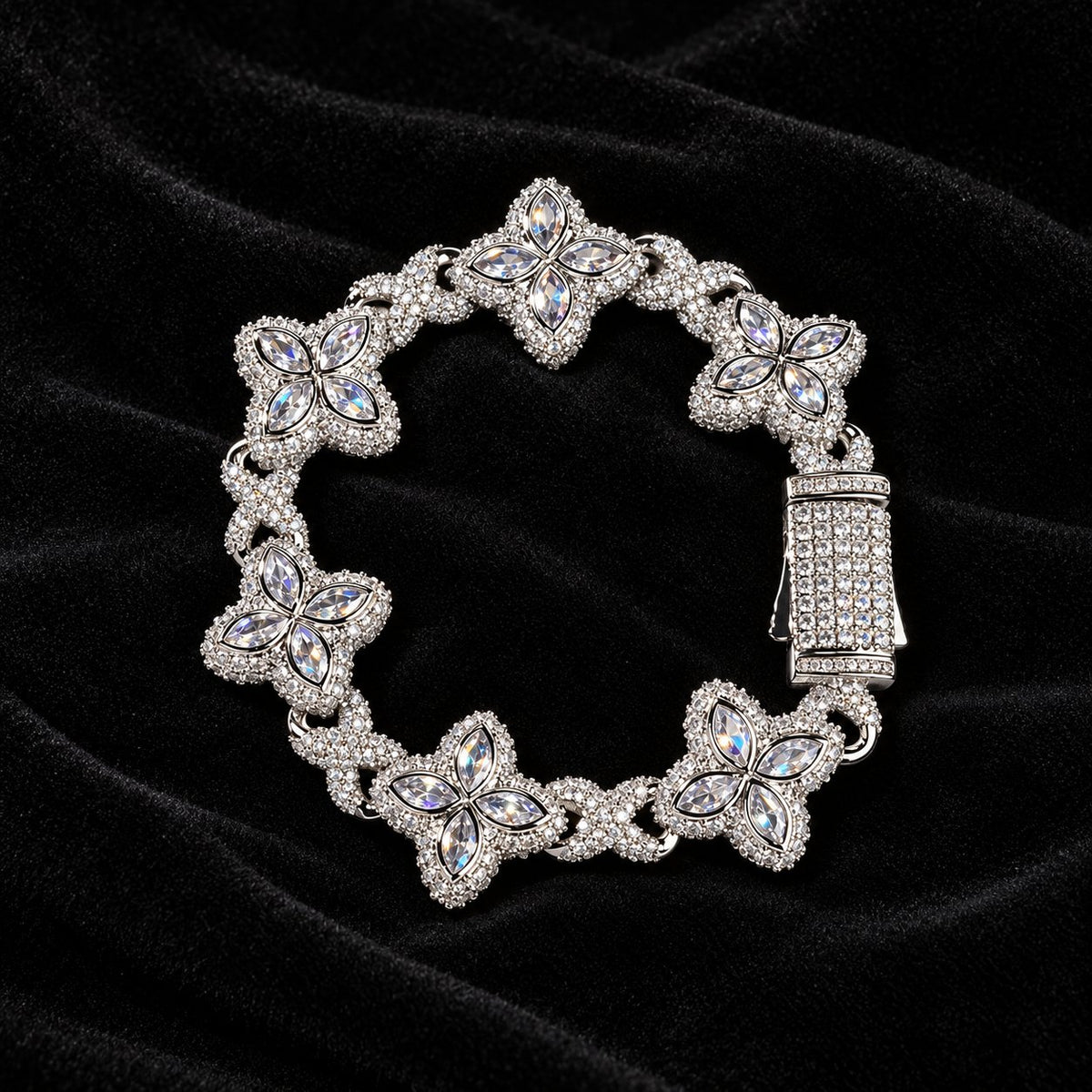 Iced Out Lucky Clover Tennis Bracelet — original finish on black velvet with moissanite fire