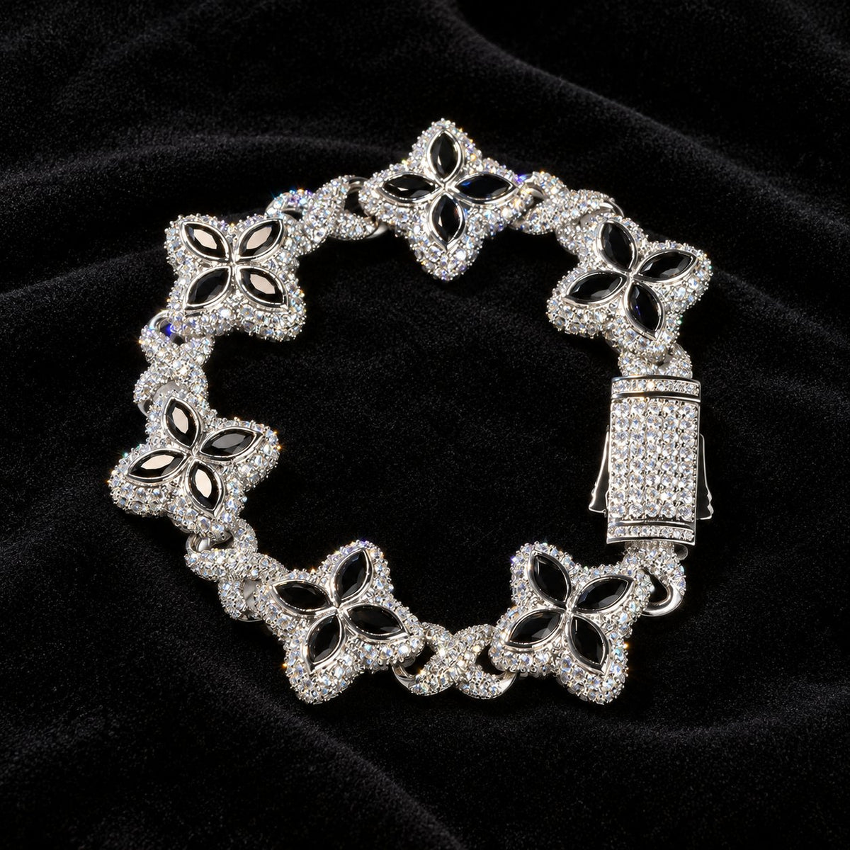Iced Out Lucky Clover Tennis Bracelet — original finish on black velvet with moissanite fire