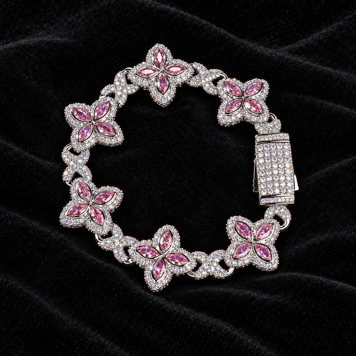 Iced Out Lucky Clover Tennis Bracelet — original finish on black velvet with moissanite fire