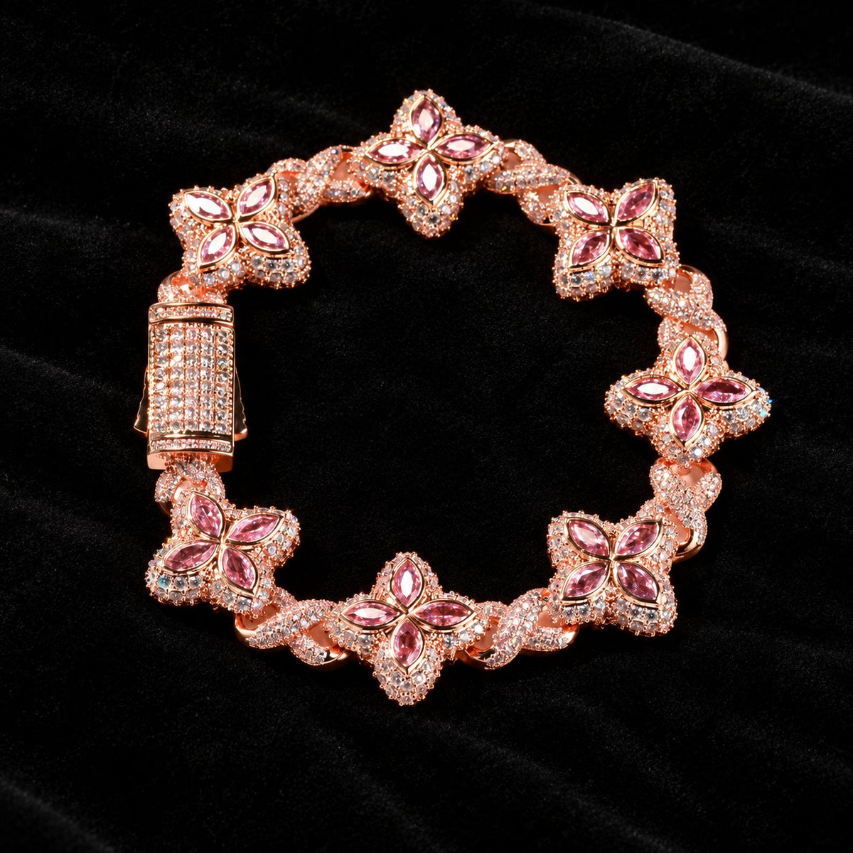 Iced Out Lucky Clover Tennis Bracelet — original finish on black velvet with moissanite fire