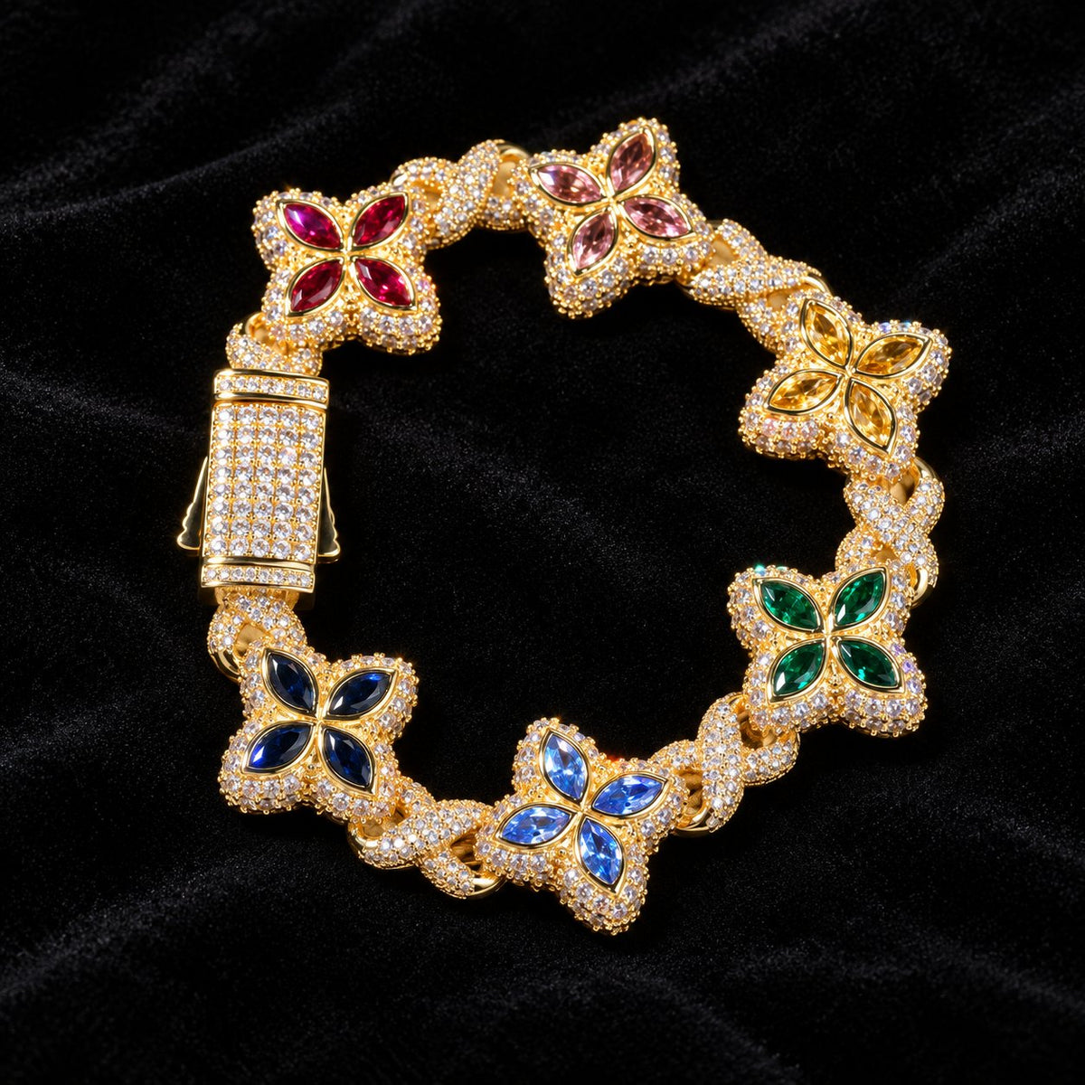 Iced Out Lucky Clover Tennis Bracelet — original finish on black velvet with moissanite fire