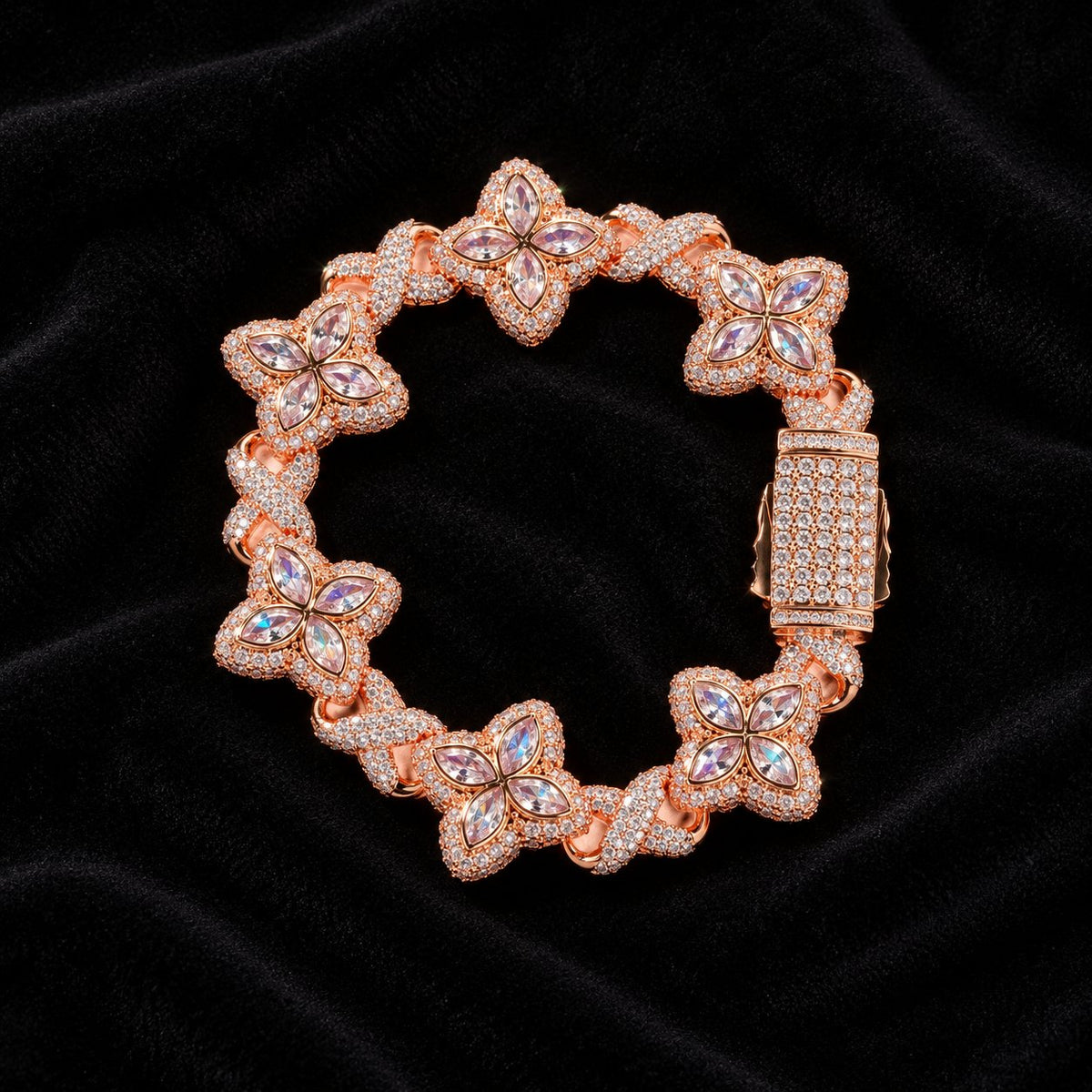 Iced Out Lucky Clover Tennis Bracelet — original finish on black velvet with moissanite fire