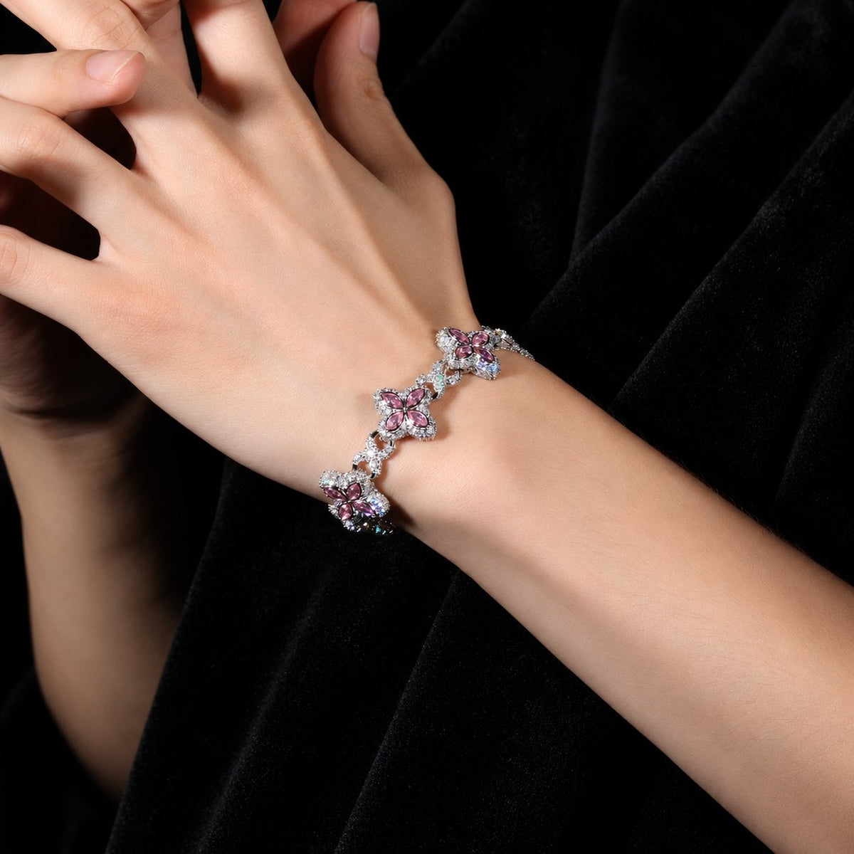Iced Out Lucky Clover Tennis Bracelet — original finish on black velvet with moissanite fire