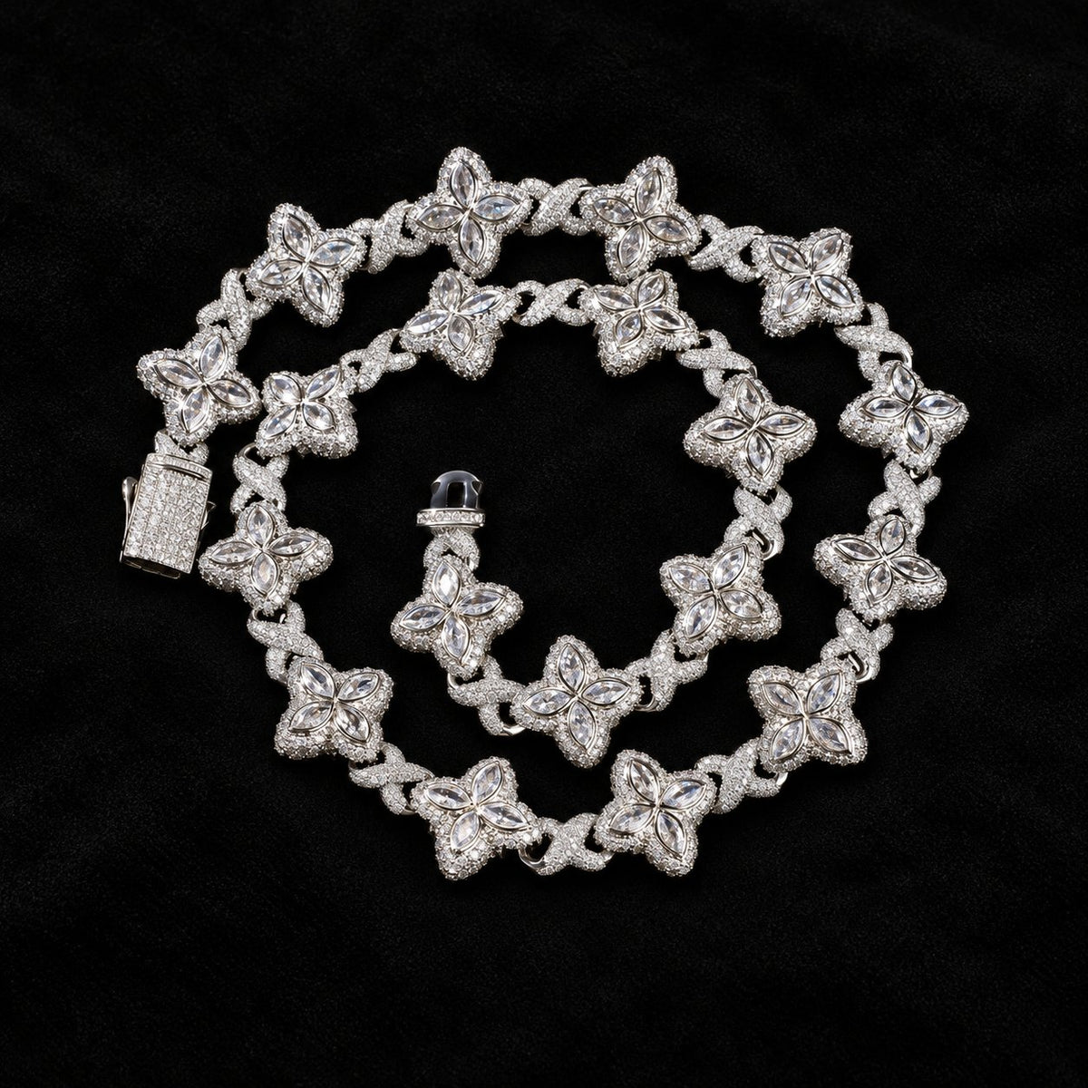 Iced Out Lucky Clover Tennis Chain on a black background