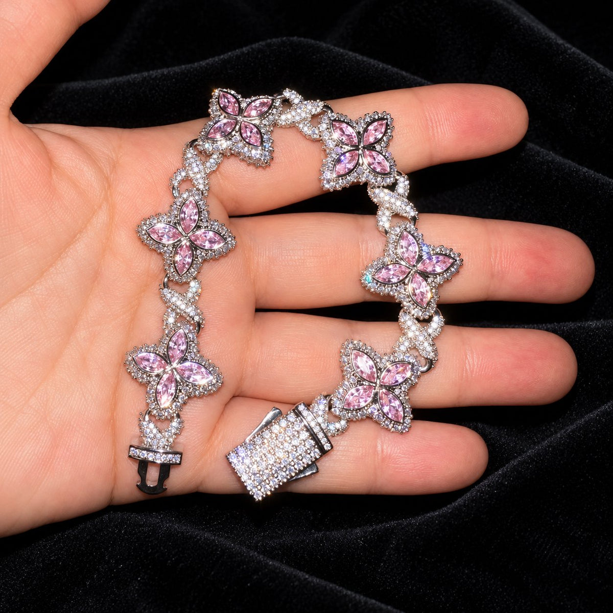 Iced Out Lucky Clover Tennis Bracelet — original finish on black velvet with moissanite fire
