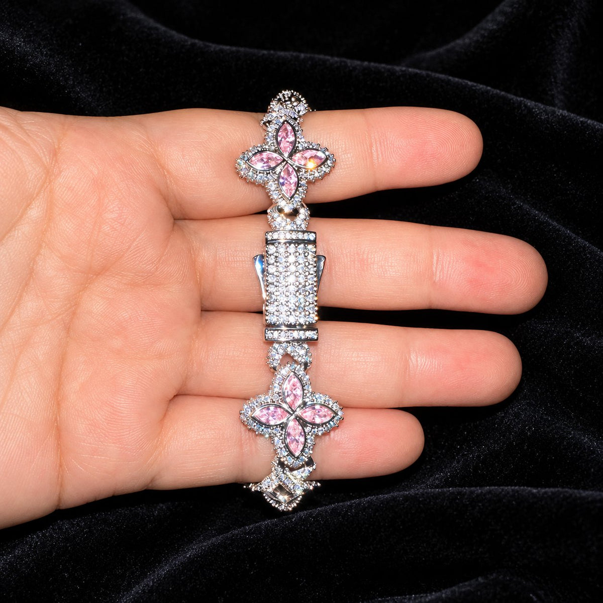 Iced Out Lucky Clover Tennis Bracelet — original finish on black velvet with moissanite fire