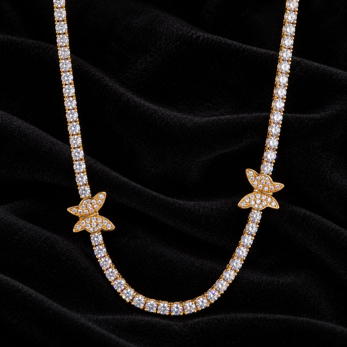 4mm Butterfly Tennis Chain — original finish on black velvet with moissanite fire