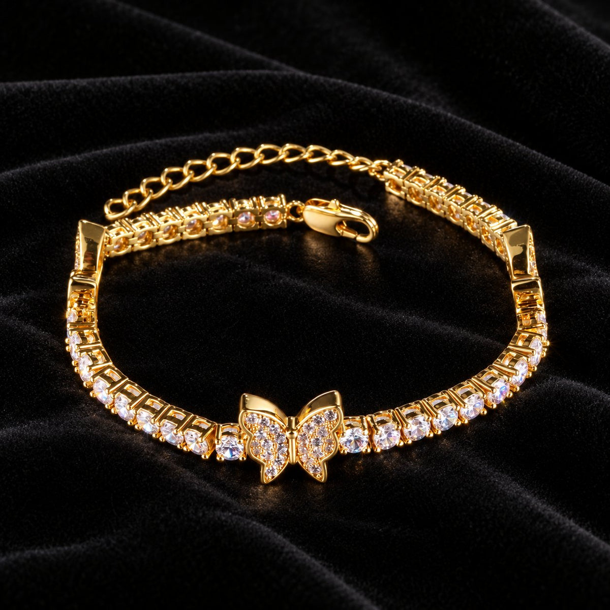 4mm Butterfly Tennis Bracelet — original finish on black velvet with moissanite fire