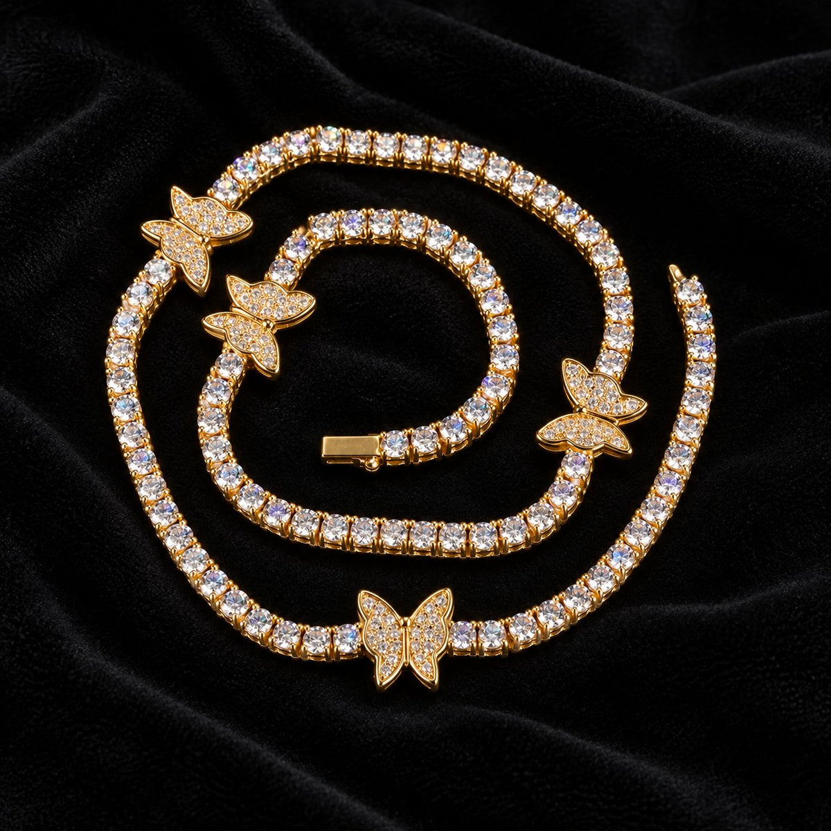 4mm Butterfly Tennis Chain — original finish on black velvet with moissanite fire