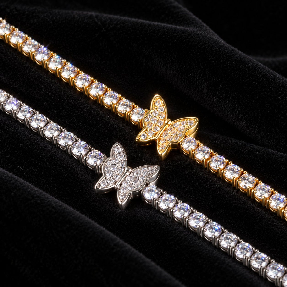 4mm Butterfly Tennis Chain — original finish on black velvet with moissanite fire