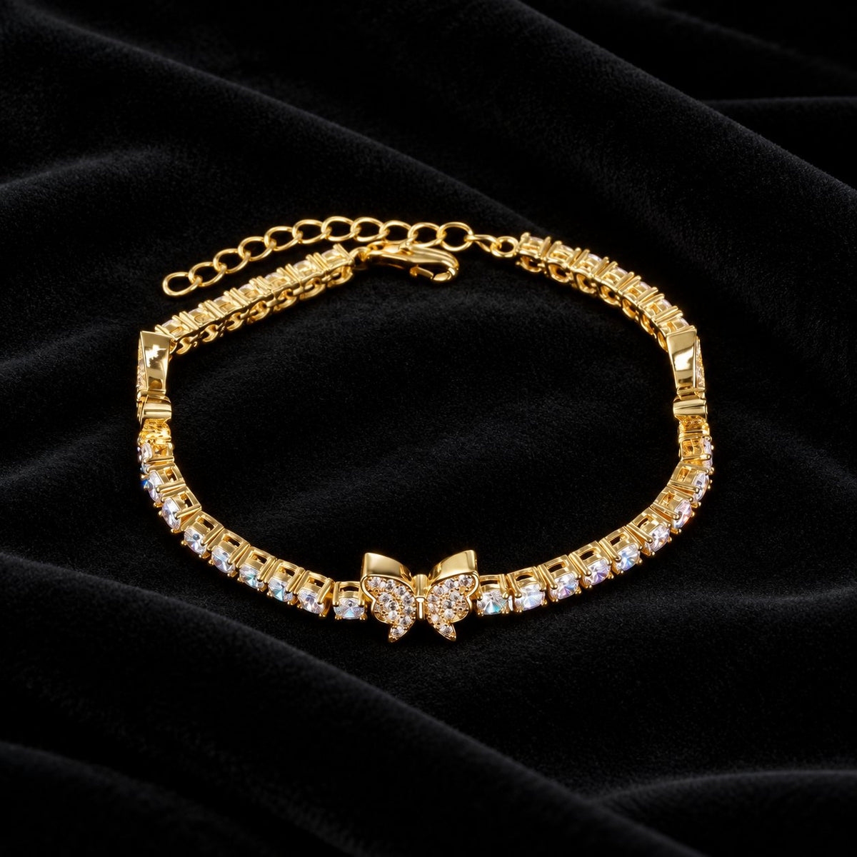 4mm Butterfly Tennis Bracelet — original finish on black velvet with moissanite fire