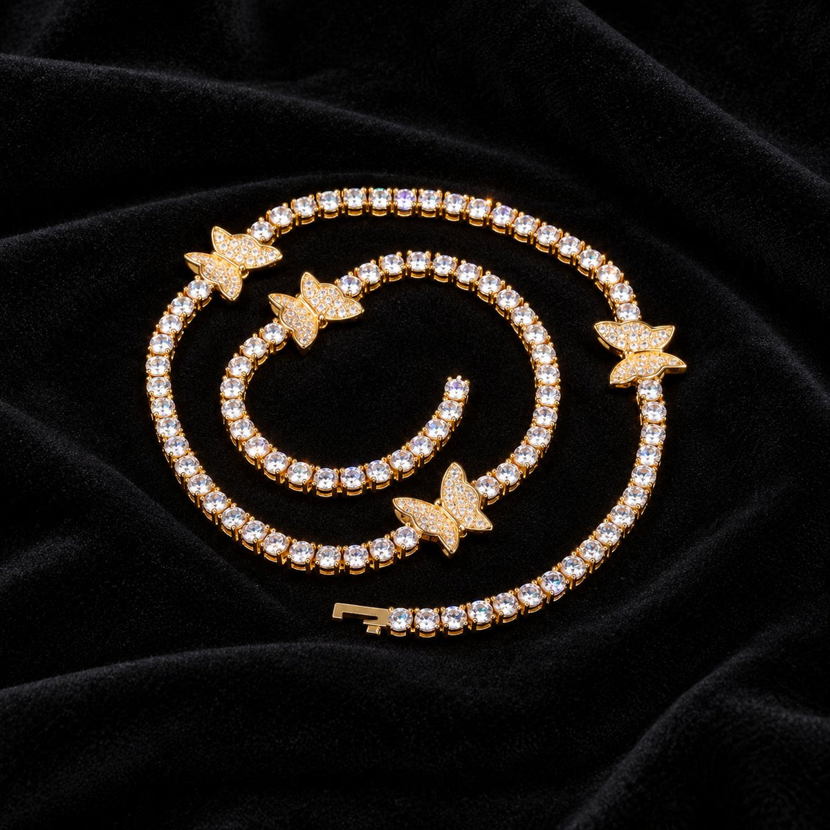 4mm Butterfly Tennis Chain — original finish on black velvet with moissanite fire