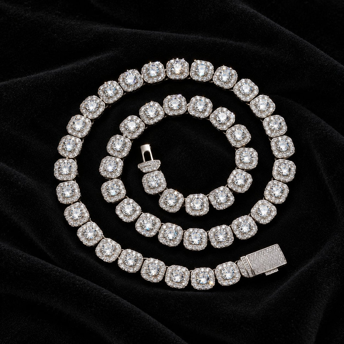 Square Tennis Chain — original finish on black velvet with moissanite fire