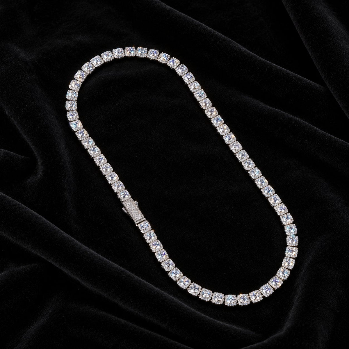 Square Tennis Chain — original finish on black velvet with moissanite fire