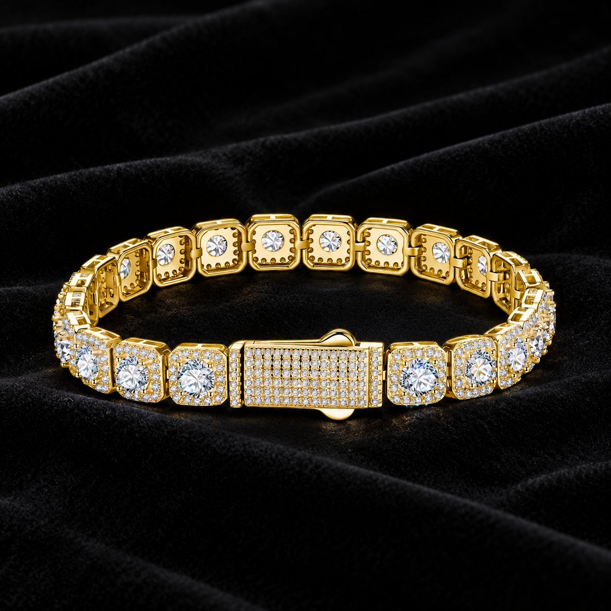 Square Tennis Bracelet — original finish on black velvet with moissanite fire