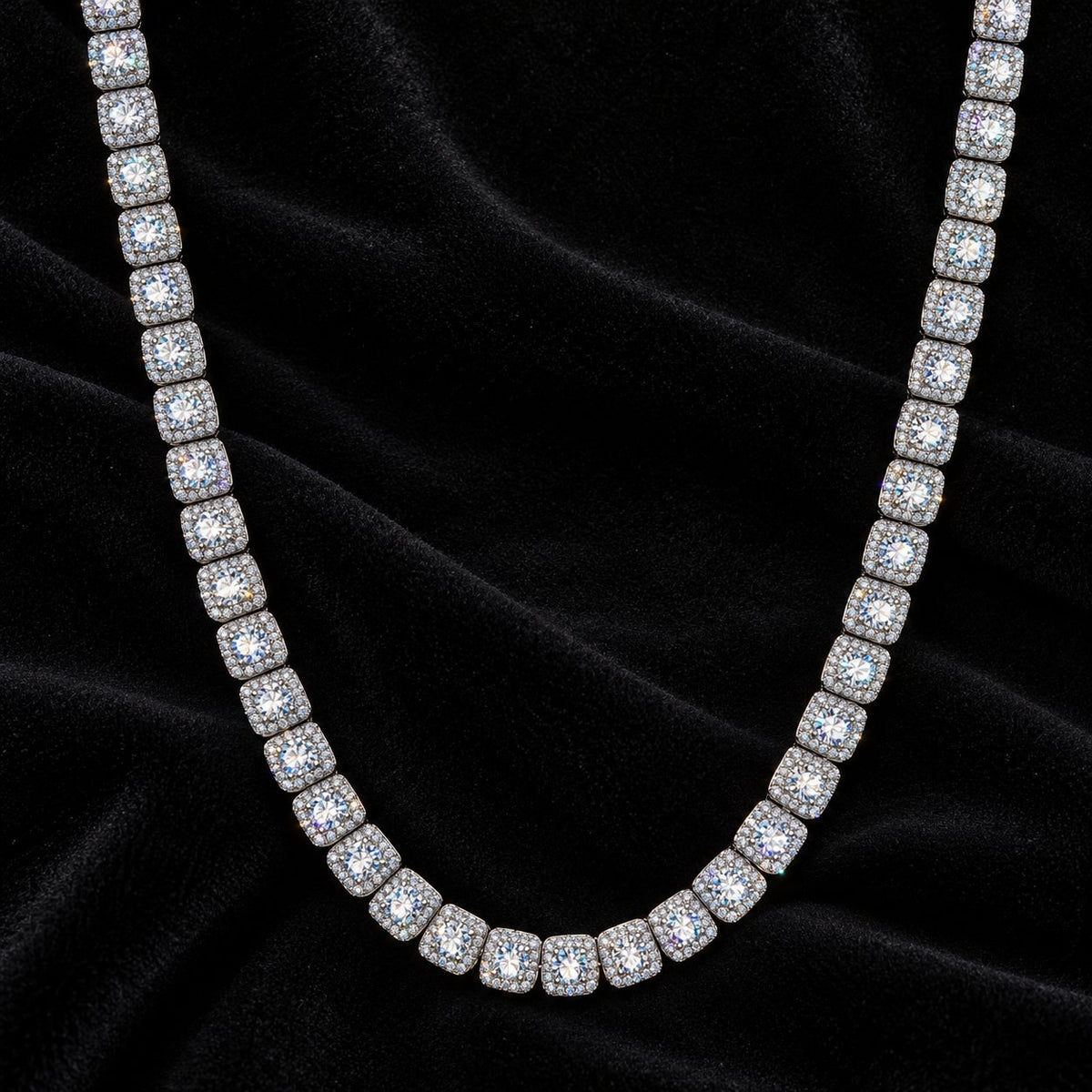 Square Tennis Chain — original finish on black velvet with moissanite fire