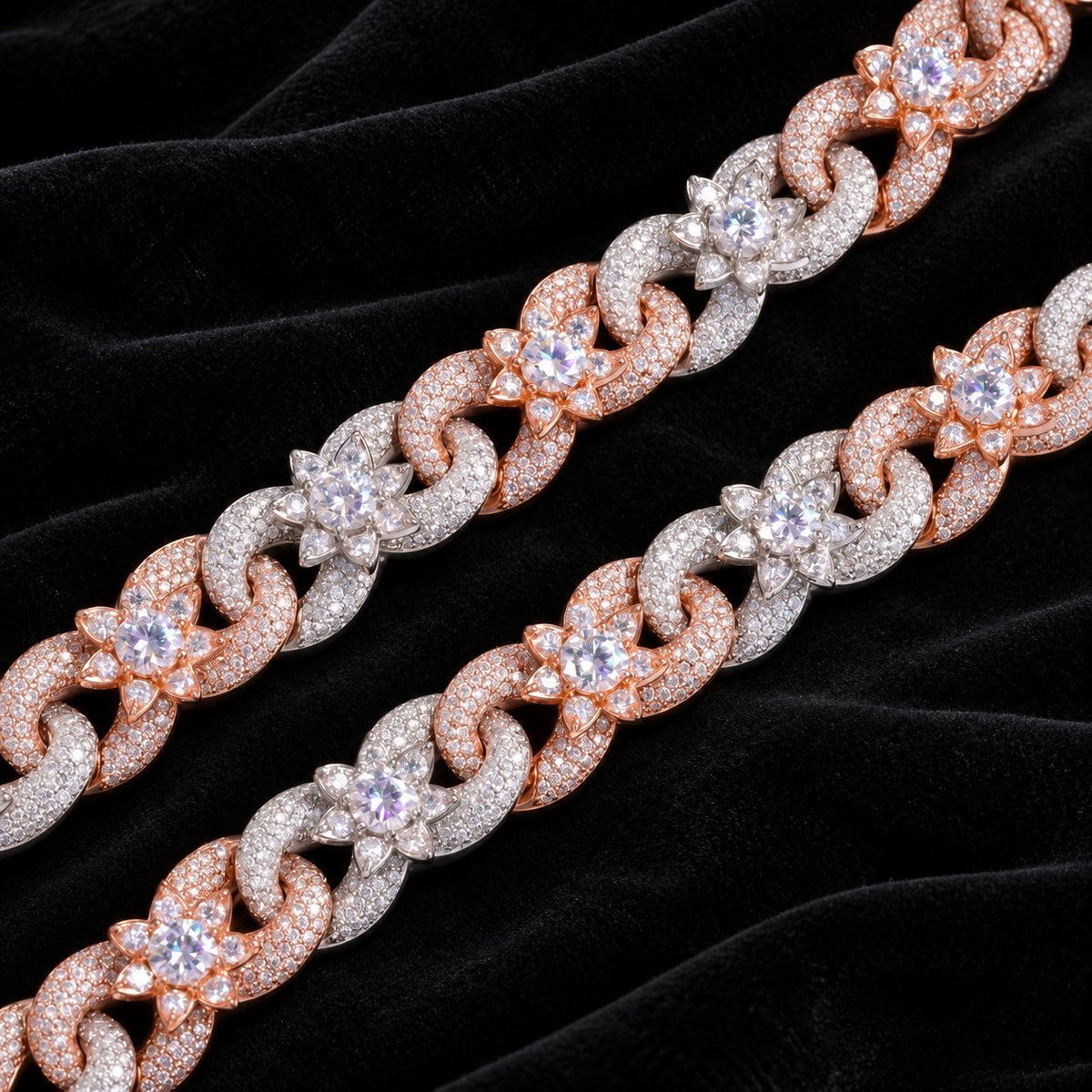 Two-Tone Floral Cuban Chain — original finish on black velvet with moissanite fire