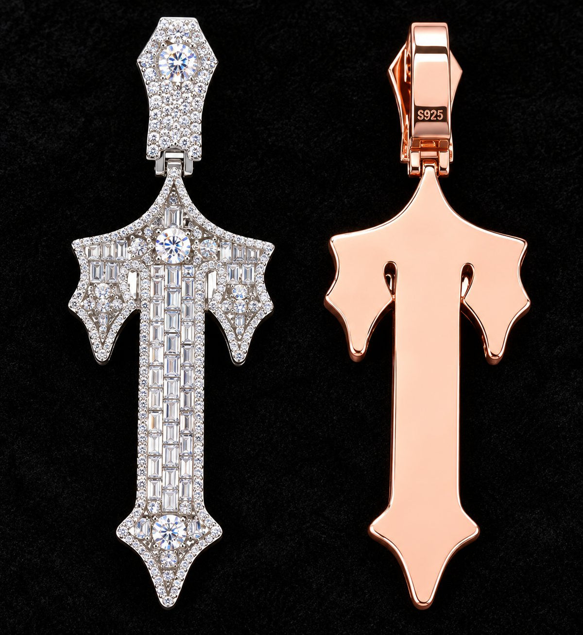 Sword-Profile Cross Moissanite Pendant on a black background