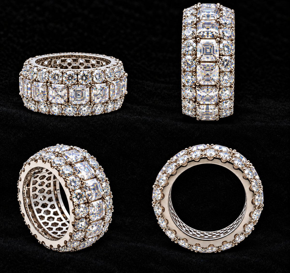 Wide Cluster Moissanite Band on a black background