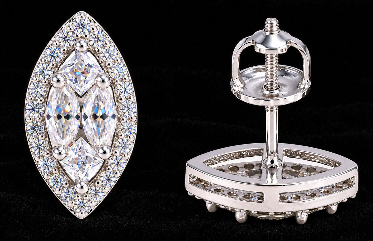 Marquise Halo Moissanite Stud Earrings on a black background