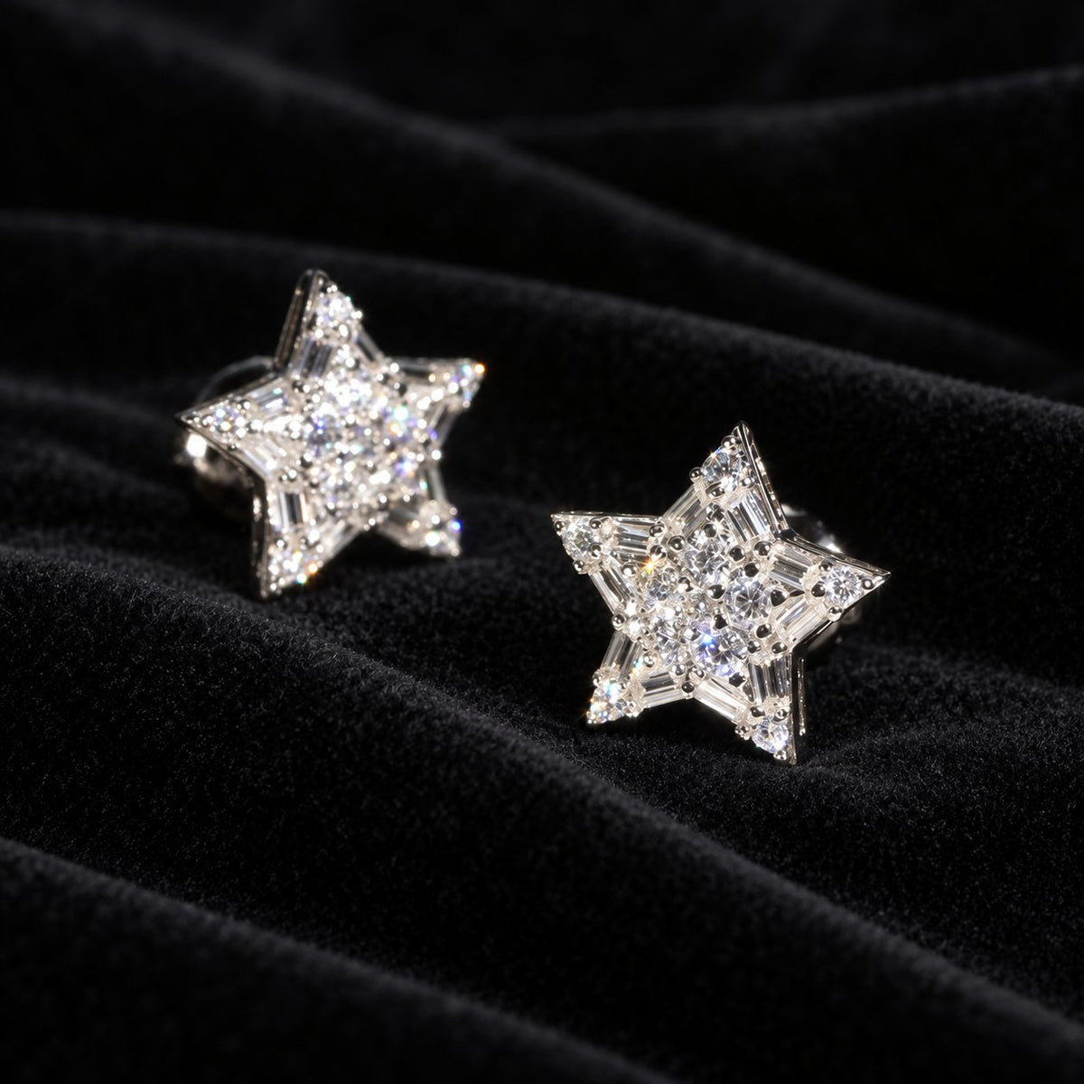 Star Cluster Moissanite Stud Earrings — original finish on black velvet with moissanite fire